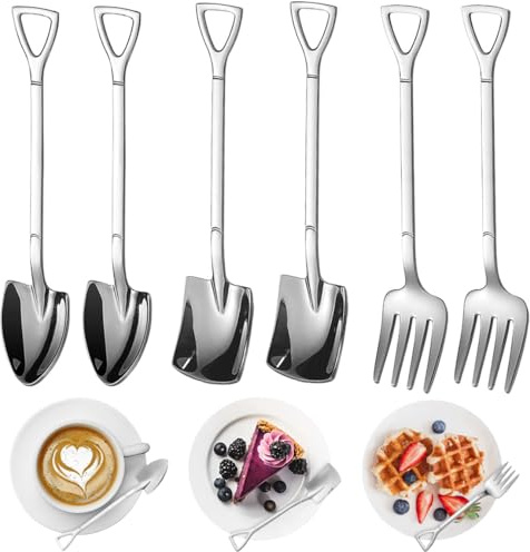 6Pcs Stainless Steel Shovel Spoon Set, Creative Fashion Dessert Spoons | Shovel Spoons Pointed Teaspoons Fork Set, Coffee Latte Spoon Tea Spoon Christmas Stocking Fillers for Party and Kitchen