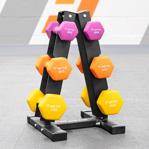 METIS Hantelbaum [3 Größen] – Hantelständer mit 3, 6 oder 11 Stufe | Nur Rack oder mit optionalen Kurzhanteln aus Neopren oder Chrom (3 Stufe, Rack + Neopren Kurzhanteln Set (3X Paare))…