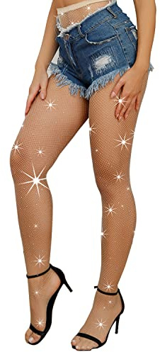 Forevers Calze A Rete Strass Donna Scintillanti A Vita Alta Elastica Night Club Cristallo Collant Festa Calza per le Donne Diamante Bling, Nudo