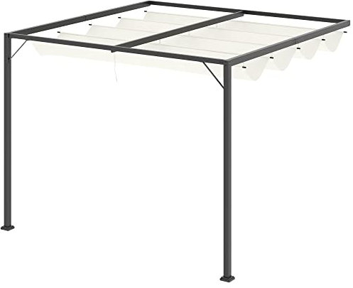 Outsunny 3 x 3(m) Outdoor Lean To Pergola Retractable Canopy Wall Mounted Gazebo Patio Shelter Sun Shade, Cream White