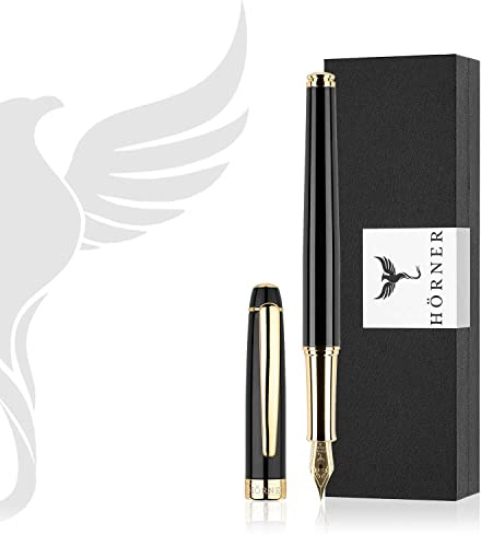 Hörner Nobilis Design Füllfederhalter I Edle Geschenk-Box I Schreibfarbe Blau I Strichstärke M 0,65 mm I Premium Füller I Hochwertiges Etui I Feder „Made in Germany“ schwarz gold I Luxus Design