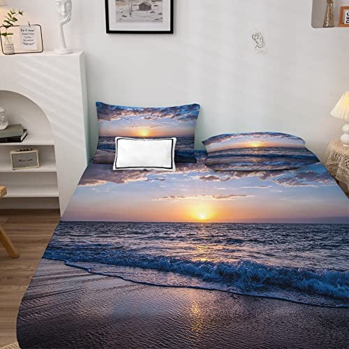 NOGAWA Sonnenuntergang Spannbettlaken 90x200cm, Spannbetttuch Meer Muster, Weiche Mikrofaser Boxspringbett Bettlaken geeignet für Matratzen von 30 cm Mit 1 Kopfkissenbezug 80x80 cm