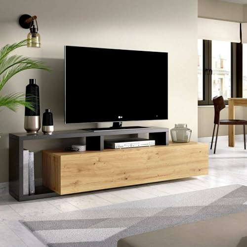Dmora - Mobile porta TV Maiella, Credenza bassa da soggiorno, Madia da salotto per televisione, 165x40h47 cm, Rovere Nodi e Antracite