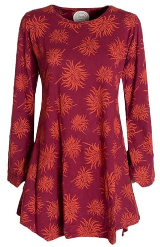 Vishes - Alternative Bekleidung - Langarm Damen Blumen-Tunika Shirt-Kleid Glockenärmel Baumwolle dunkelrot 46