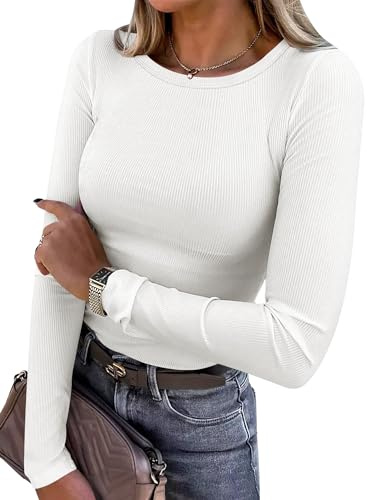 ANRABESS Women Long Sleeve Shirts Rib Knit Slim Fit Tops Basic Tee 2025 Fall Outfits Casual T-Shirt Underscrubs Layer Clothes White Large