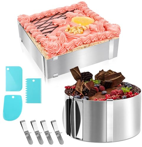 TNOMSNO 2 Stück Tortenring Verstellbar, Backrahmen Rechteckig Runder Verstellbar 6-12 Zoll Tortenring mit 4 Verstellbaren Clips, Edelstahl Backring zum Dekorieren und Backen von Kuchen