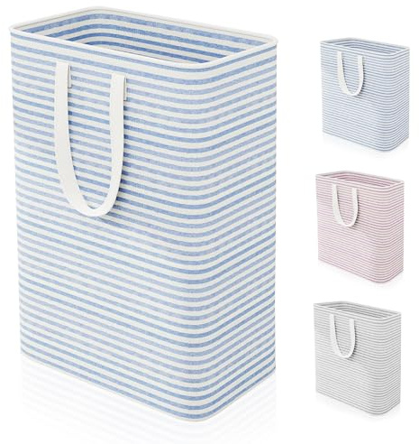 Caroeas 80L Laundry Bin, Collapsible Laundry Basket for Easy Storage, Freestanding Washing Baskets for Dirty Clothes with Reinforced Long Handles, Waterproof Slim Laundry Hamper for Baby, Blue