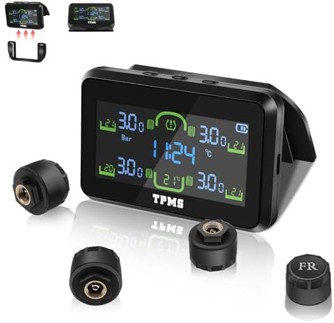 Liwogi Tire Pressure Monitoring System with Detached Bracket, Wireless TPMS Solar Tyre Pressure Monitor with Air Leak/Tyre Pressure Alarm, 5 Bar/199Psi for Caravan Truck RV Car, Large LCD Display