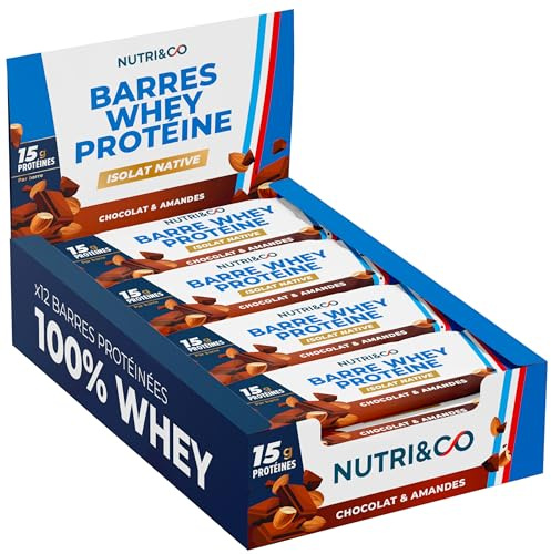 NUTRI&CO Barres Protéinées Whey Isolat Native | Lot de 12 Choco & Amandes | 15g de Protéines | Musculation & Récupération | 100% Clean sans protéines végétales ni Huile de Palme