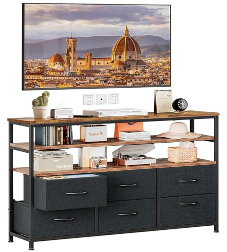 KZOBYD Mobile TV con cassetti in tessuto, 3 ripiani, mensole TV, basso con scomparti aperti, per TV fino a 50 pollici, mobile TV per soggiorno, camera da letto, marrone vintage nero