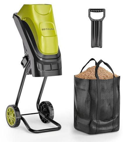 SEYVUM Wood Chipper, 15-Amp 1.8 Cutting Diameter, Electric Wood Chipper & Shredder with 45L Collection Bag and Push Stick, Efficient Mulcher for Yard Waste and Branches, 18:1 Reduction