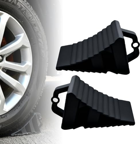 GOEDCH Cale de roue avec poignée : 2 pièces noires antidérapantes portables cales de roue remorques, 20 x 12 x 11 cm en plastique pour roue de caravane, cales de frein pour remorque pour stationnement
