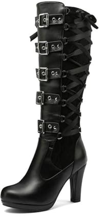 Botas Altas de Rodilla góticas con Cordones para Mujer con Hebilla y tacón de Bloque Punk Plataforma Botas Altas,Negro,40 EU