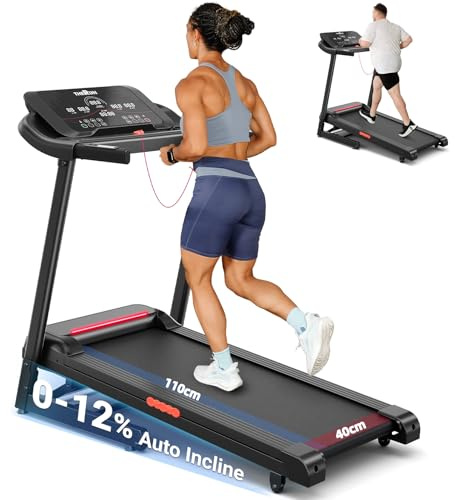 THERUN Walking Pad Treadmills for Home, 3HP Peak Auto Incline Foldable Treadmill, 0-12% Gradient 1-14km/h Running Machine for Home with LED Light Strip, LED Display, Heart Rate Monitor, 300LB Capacity
