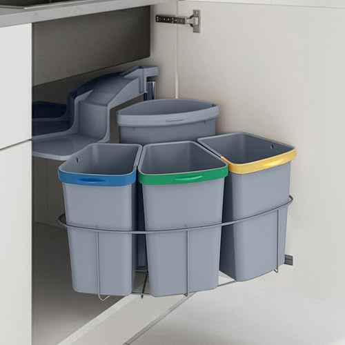 [en.casa] Einbau-Mülleimer Küche Kollby Mülltrennsystem 4fach für Unterschrank 50 cm breit 3 x 6L+1 x 12L Einbaumülleimer schwenkbar mit Deckel Grau