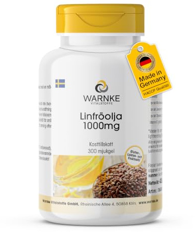 Huile de lin 1000mg - 300 gélules - 1000mg par gélule - pressée à froid - Oméga 369 + vitamine E - acide alpha-linolénique - HAUTEMENT DOSÉE - Qualité pharmaceutique allemande | Warnke Vitalstoffe