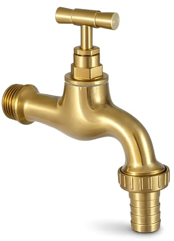 FLUVIA Grifo de Jardin para Manguera Dorado Laton con Racor Adaptador Universal Cierre Vuelta Anticorrosion Antihielo para Exterior Terraza Patio Huerto Garaje Riego Limpieza Agua Fria Caliente