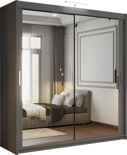 Mirror Double Sliding Door Grey Wardrobe 2 LED Light Option 90/120/150/180/203cm (180cm)