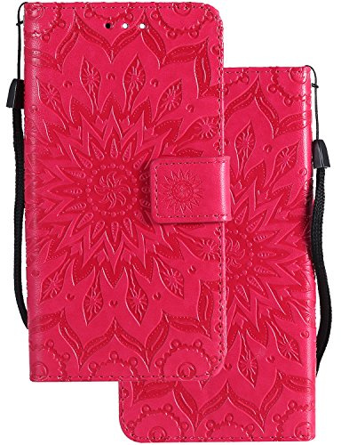 LEMORRY Coque pour Huawei P Smart 2019 Etui Cuir Portefeuille Pochette Mince Protecteur Magnétique Fermeture Porte-Cartes de Visite Silicone TPU Cover Housse pour Huawei P Smart 2019, Fleur (Rouge)