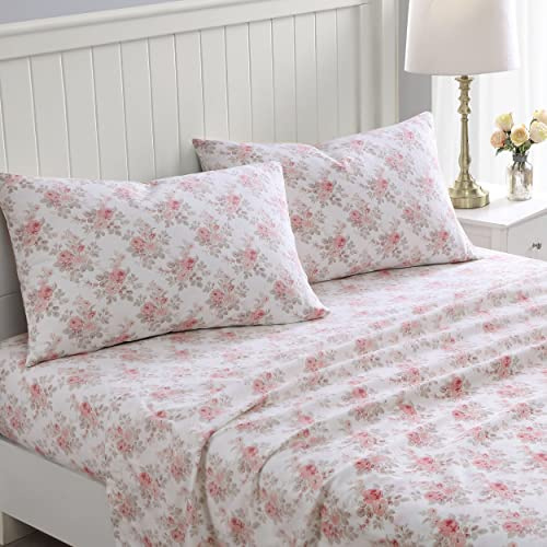 Laura Ashley - Twin Sheet Set, Cotton Flannel Bedding, Brushed for Extra Softness & Comfort (Lisalee Pink, Twin)