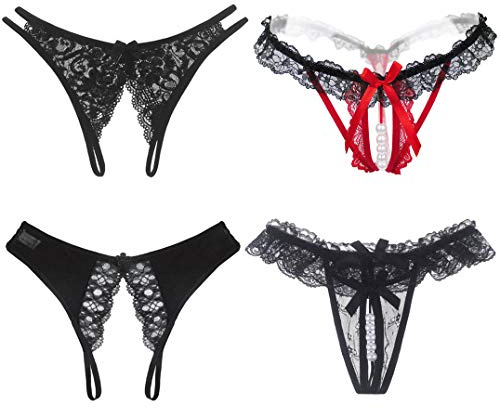 KHUFUZI Women's 4 Pack Panties Black Collection Sexy Low Rise Mesh Floral G-String Bikini Lingerie (4 Styles Pack)