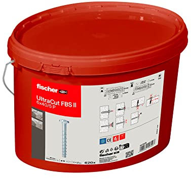 fischer UltraCut FBS II 6 x 40 / 5 Linsenkopfschraube mit PanHead, praktischer Eimer mit 620 leistungsstarken Betonschrauben, zur Befestigung in den Bereichen Sanitär, Heizung & Klima, gvz