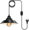 Metall Pendelleuchte Kit mit Schalter, Vintage Hängelampe mit Stecker Lampenfassung E27 mit 450cm Kabel Hängeleuchte Loft Kronleuchter Schwarz Lampe mit Stecker Max. 60W (mit Lampenschirm)