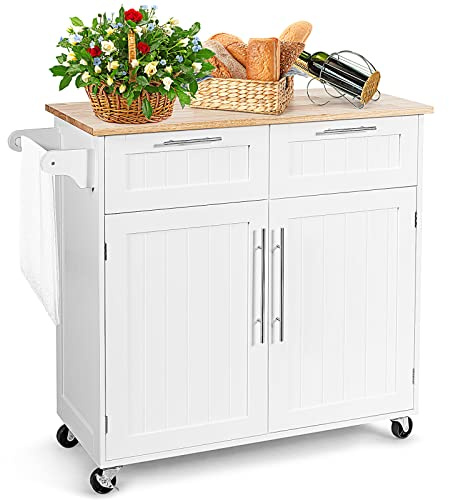 Harmony-Furniture Kitchen Island on Wheels with Storage Drawers & Cabinets, Lockable Serving Trolley, Rolling Mobile Kitchen Cart w/Wooden Butcher Block Top, Towel Rack & Adjustable Shelves (White)