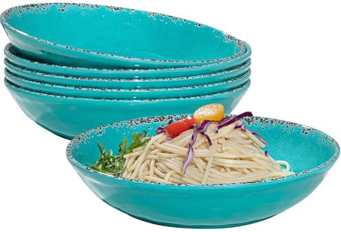 ZAROCRUS Farmhouse Melamine Pasta Bowls Set of 6, 42 OZ Shallow Individual Bowl, Melamine Pasta Plates and Salad Bowls sets, Dishwasher Safe Serving,Snack bowl,Fruit Bowl, Teal