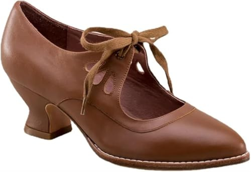 Women's Mary Jane Pumps Vintage Chunky Heel Lace Up High Heel Ladies Hollow Pointed Toe Dress Shoes for Daily(Braun,6 UK)