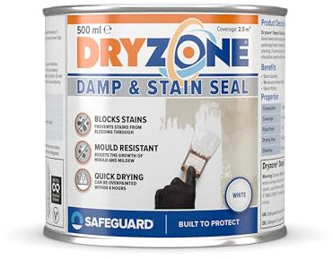 Dryzone Damp & Stain Seal Paint (500ml, White) | Block Damp Stains on Plaster, Cement, Stone, Mortar Interior Surfaces | White Matt Undercoat Paint