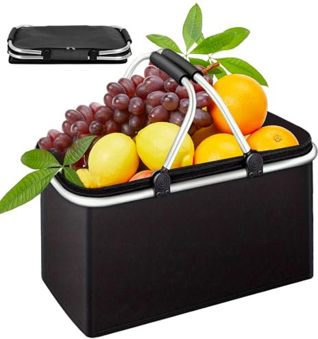 KUWUNG Panier Pique Nique Pliable, Panier Course avec Couvercle, Panier Isotherme avec Fermeture éclair et poignées en Aluminium, Panier Picnic, pour Pique-Nique, Voyage, Plage, pêche, achat