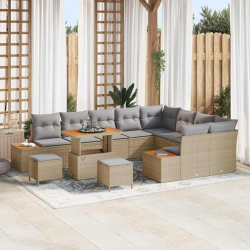Frdhee Lot de 12 petits canapés de jardin avec coussins - En polyrotin - Beige - Groupe de bancs d'angle pour balcon, terrasse, cour arrière