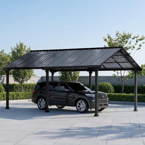 SUNJOY Abri de Voiture Extérieur 6,1 x 3,6 m, Toit en Acier Thermolaqué, Carport Robuste Heavy Duty, Protection UV & Imperméable, Pavillon de Jardin pour SUV, Camionnette et Voiture