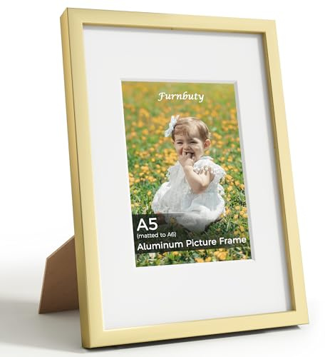 A5 Frame Gold, Aluminum A5 Picture Frame with HD Acrylic, A5 Photo Frame with Mount for A6 Photos, Tabletop & Wall Mountable Photo Frame for Photos Art Print Postcards Crafts, Home Décor