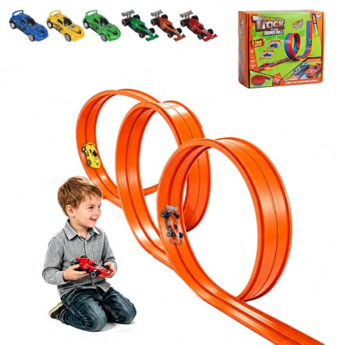 Circuit de course flexible pour enfants, autoroute de 6 m avec 6 voitures, double piste de course portable et rampe pour voitures jouet 1/64, circuit de course, jouet cadeau à partir de 3 ans