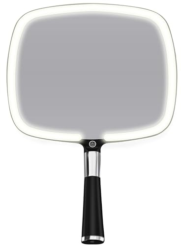 MIRRORVANA Miroir de maquillage de voyage éclairé – Miroir de poche 2 en 1 à DEL avec 3 modes d'éclairage, support amovible et poignée confortable – 22,9 x 33 cm (noir)