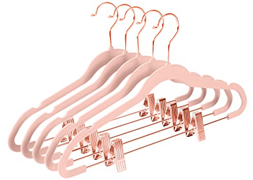 MIZGI Premium Velvet Pants Hangers with Clips (Pack of 20) Slim Skirt Hangers- Non Slip Felt Outfit Dress Hangers Blush Pink - Copper/Rose Gold Hooks,Space Saving Shirt Clothes Hangers