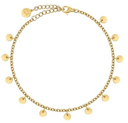 GD GOOD.designs Goldene Armkette mit Plättchen für Damen - Wasserfest - Edelstahl Armband mit 12 runden Coin I Größenverstellbares Armkettche