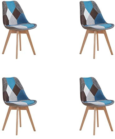 GrandCA HOME 4er Set Esszimmerstuhl mit Patchwork-Stoff und Metallbeinen aus Buchenholz, für Schlafzimmer und Wohnzimmer, Küche, Blau