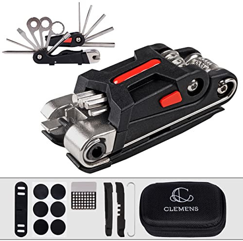 CLEMENS 19-in-1 Fahrrad Multitool - Multifunktionales Fahrrad Werkzeug - Kompaktes Fahrradwerkzeug inklusive Flickset - Mit montierbarer Tasche fürs Fahrrad