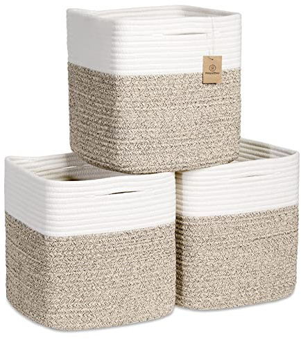 NaturalCozy Storage Cubes 11 Inch Cotton Rope Woven Baskets for Organizing, 3-Pack | Cube Bin Square Shelves Organizer, Classroom, Kids Toy Bins, Closet, Baby Nursery