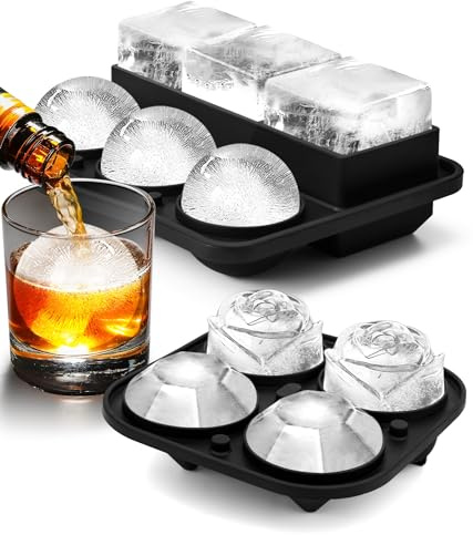 Ice Cube Tray with Lid, Silicone Ice Molds with Round, Square, Diamond, Rose, Large Ice Cube Mold for Whiskey, Bourbon, Cocktails, Easy Release BPA Free, Set of 2