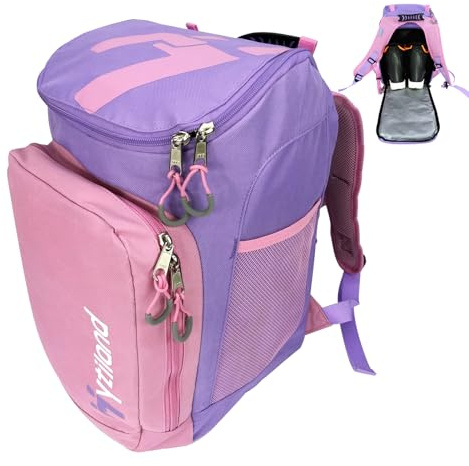 Hytiland Ski Boot Bag, 32L Ski and Snowboard Boot Travel Backpack, Boots Bag for Ski Helmet Goggles Snowsuits of Women and Youth,A Pink&Purple