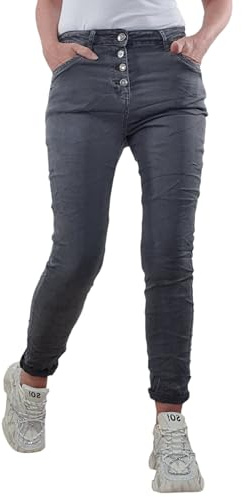Karostar Damen Stretch Jeans| Boyfriend Hose mit dekorativen Schmuckknöpfen| Mid Rise 5 Pocket Denim Hose (DE/NL/SE/PL, Alphanumerisch, XXL, Regular, Regular, Grau)