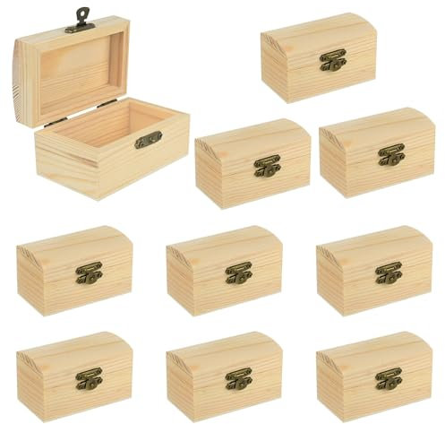 Yicaam 10 Pcs Small Unfinished Wooden Treasure Chest Box (9x5x4.5cm) Mini Wood Treasure Box with Locking Clasp for DIY Crafts and Party Favor