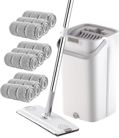 Mocio Lavapavimenti, Secchio Lavapavimenti Umido E Asciutto, Girevole A 360° Lavapavimenti in Microfibra per in Legno Duro, Piastrelle, Scopa Piatta Grande di Nuovo Stile(White,9mops)