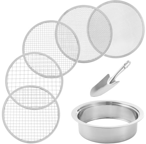 Soil Sifter Stainless Steel Riddle Sieve Set for Gardening with 5 Sizes 8 Diameter 1/3/6/9/12mm Interchangeable Meshes - Garden Potting Sieves with Shovel - Planting Soil Sifters Strains