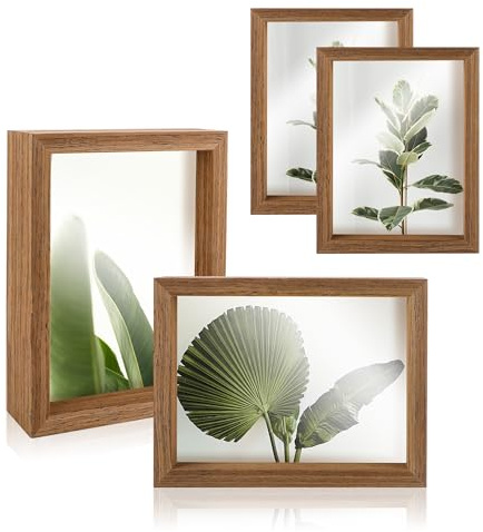 KEJJNYER 5x7 Floating Picture Frames Set of 4, Double Sided Glass Photo Frame Wood, Brown Floating Picture Frames Display for Wall Mount or Tabletop Standing