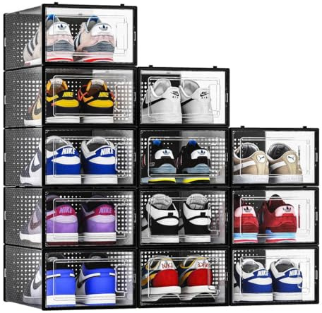12 Pack Shoe Storage Bins, Clear Plastic Stackable Shoe Organizer for Closet, Space Saving Foldable Shoe Rack, Shoe Box Sneaker Holder Container, Black Frame